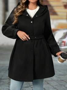 EMERY ROSE Plus Size Women's Solid Color Long Sleeve Casual Cinched Waist Hooded Coat, Fall/Winter - Black - View 4