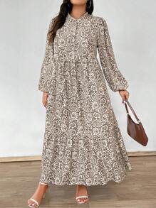 Flirla 加大码全身印花灯笼袖荷叶边下摆连衣裙（无腰带）长款女装 - 彩色 - 查看 3