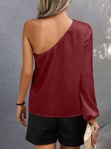 SHEIN Clasi 女士不对称领口露肩优雅3D花卉装饰衬衫单肩上衣秋季女装 - 酒紅色 - 查看 2