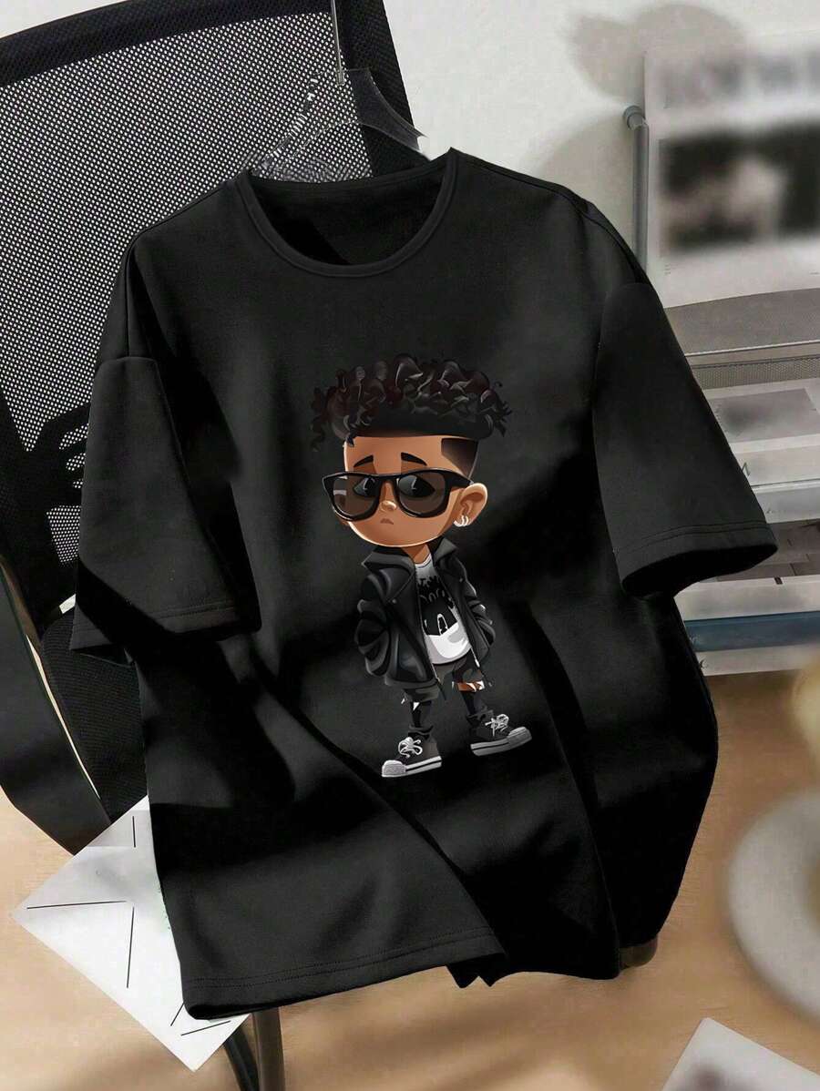Camiseta casual de manga corta con cuello redondo y estampado gráfico para niños adolescentes - Negro - Ver 1