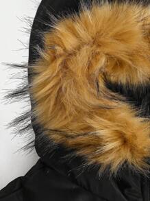 青少年女孩休闲收腰中长款 A 字形夹克，带毛领，适合青少年/年轻女孩，冬季 - 黑色 - 查看 4