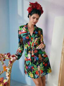 Frida Kahlo X SHEIN Fall And Winter Black Loose Plant & Figure Graphic Surrealism Dress, Fall - Black - View 5