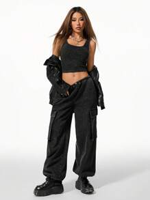 SHEIN EZwear 女士休闲街头装洗水背心运动裤套装 - 黑色 - 查看 5