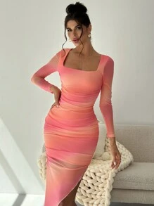 Firerie Vestido midi de manga larga con dobladillo asimétrico fruncido, transparente de malla con efecto degradado naranja, elegante para vacaciones, playa, citas románticas para mujer