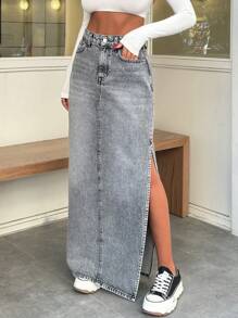 RueChic MAXI DENIM SKIRT SLIT DETAIL GREY - Grey - View 3