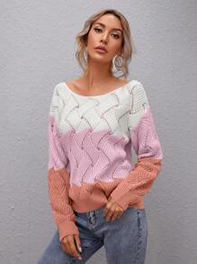 SHEIN LUNE Crew Neck Long Sleeve Colorblock Minimalist Pullover Sweater, Casual Daily Wear, Knit Pullover Fall Winter - Multicolor - View 5