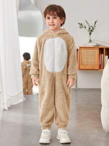 SHEIN Cute Loose Comfortable Embroidered 3D Animal Design Fleece Jumpsuit For Young Boys  Bear Jumpsuits - Khaki - View 3