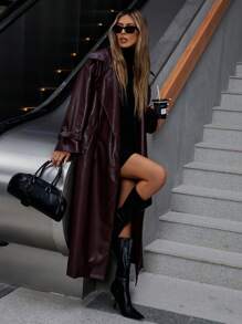 GENKIRA 女士秋冬都市时尚纯色仿皮超大双排扣翻领长袖风衣 - 棕色 - 查看 3