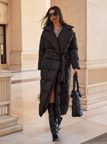 EURMUSE High Very Long Quilted Warm Padded Winter Coat - Black - View 5