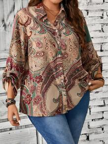 EMERY ROSE 大码女式植物印花荷叶边袖宽松休闲秋季衬衫
