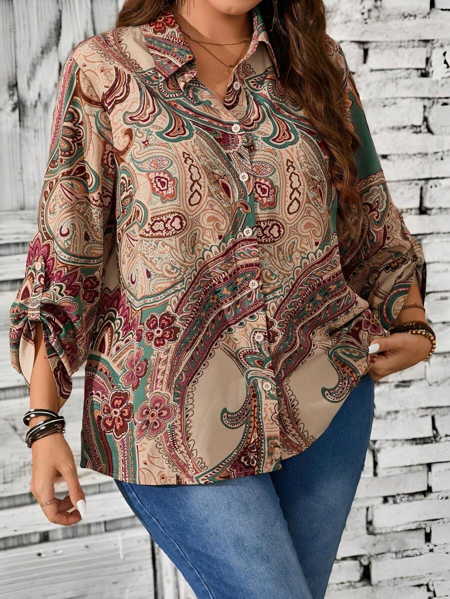 EMERY ROSE 大码女式植物印花荷叶边袖宽松休闲秋季衬衫