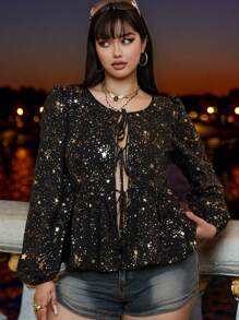 SHEIN Unity 大码全身印花领口优雅长袖衬衫 - 黑色 - 查看 1