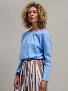 SHEIN Unity 女士休闲纯色纽扣长袖衬衫，春季和秋季 - 淺藍色 - 查看 4