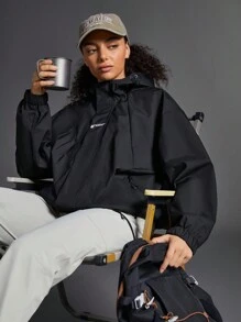 Exploreva Solid Color Front Zip Up Letter Printed Minimalist Sports Jacket, Casual Daily Wear