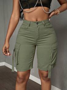 SHEIN Slayr 女士中腰工装口袋牛仔骑行裤 - 軍綠色 - 查看 3