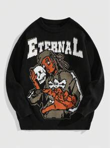 ROMWE MEN Street Life Atasan Pullover Kasual Lengan Panjang Leher Bulat Jacquard Pria untuk Pemakaian Sehari-hari - Hitam - View 5