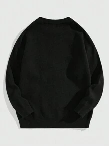 ROMWE MEN Street Life Atasan Pullover Kasual Lengan Panjang Leher Bulat Jacquard Pria untuk Pemakaian Sehari-hari - Hitam - View 2