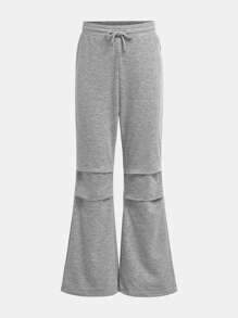 SHEIN Tween 女童荷叶边及膝喇叭裤，休闲时尚褶皱运动裤 - 淺灰色 - 查看 5