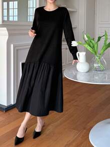 DAZY Women Round Neck A-Line Loose Dress,Ruffle,Fall Clothes Long Sleeve Dress - Black - View 3