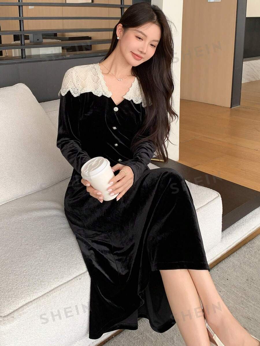 DAZY Damen langes Spitzen-Patchwork Bodycon Kleid, Neues Design, Herbstkleid mit langen Ärmeln, thermisch gefüttert - Schwarz - Übersicht 1