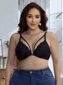 Plus Size Bras & Wireless Bras, Sexy Charm, Front Closure, Contrast Lace, Ribbon Decor, Lingerie - Black - View 5