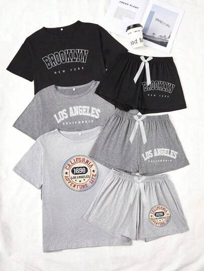 3 件套标语印花圆领短袖上衣和短裤睡衣套装