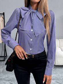 Chiquease 格子印花女式系带领蝴蝶结宽松休闲衬衫女式衬衫 - 紫色 - 查看 4