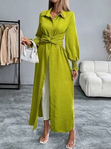 Calvaya Long Sleeve Button-Up Long Shirt With Waist Twist Detail