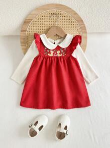 Cozy Pixies 女宝宝 2 件套纯色领长袖上衣和花卉图案圆领荷叶边下摆无袖秋季连衣裙