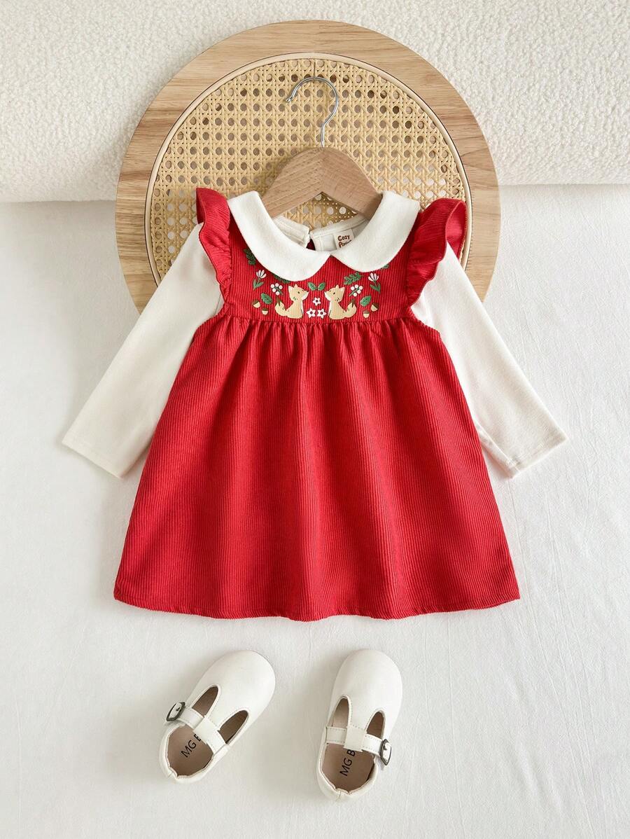 Cozy Pixies 女宝宝 2 件套纯色领长袖上衣和花卉图案圆领荷叶边下摆无袖秋季连衣裙