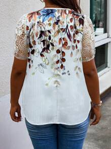 Calvaya Áo cánh tay ngắn cổ chữ V in hoa ren cỡ lớn cho nữ, mùa hè - trắng - Xem 2