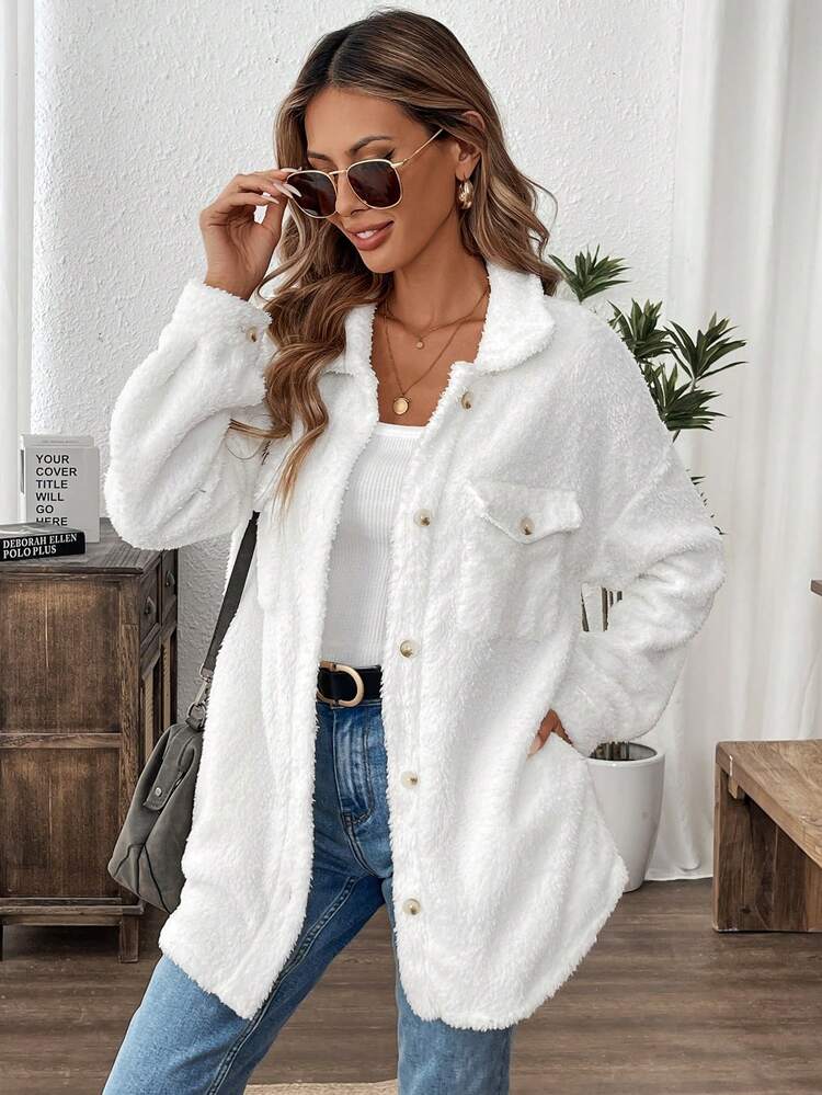 SHEIN LUNE Women's Fleece Jacket, Beige Color With Pockets, Autumn/Winter - White - View 5