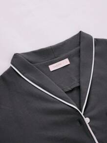 LUVLETTE 秋冬季柔软100%纯棉基本款长款披肩领睡衣套装，女士家居服套装，带口袋长裤，秋季睡衣 - 深灰色 - 查看 5