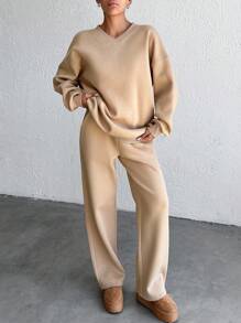 EURMUSE Cotton Solid Color Oversized Drop Shoulder Sweatshirt & Sweatpants Set - Beige - View 5