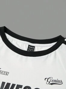 SHEIN EZwear 女士秋冬街头潮流图案编织带圆领长袖修身 T 恤 - 白色 - 查看 6