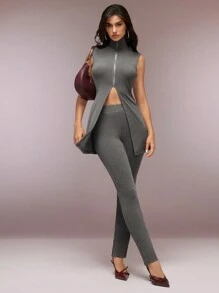 SHEIN Unity 2 件女式夏季纯色拉链前短款上衣和裤子时尚套装、冬装、冬季套装、两件套、秋季运动衫