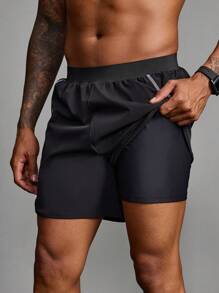 Manfinity Sport Corelite 男友风男士纯色拼接印花休闲运动短裤健身服运动裤黑色短裤 - 黑色 - 查看 6