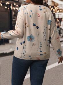SHEIN LUNE Suéter holgado de cuello redondo con estampado de flores para mujer de talla grande, para invierno