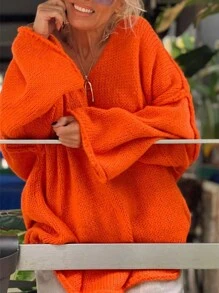 INAWLY 女士纯橙色V领落肩宽松休闲毛衣，秋冬季，七分袖上衣，针织套头衫 - 橘色 - 查看 2