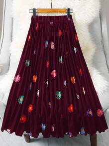 SHEIN LUNE Chân váy xếp ly in hoa toàn thân cỡ lớn, thường ngày ngày lễ - Màu Đỏ Sâu - Xem 1