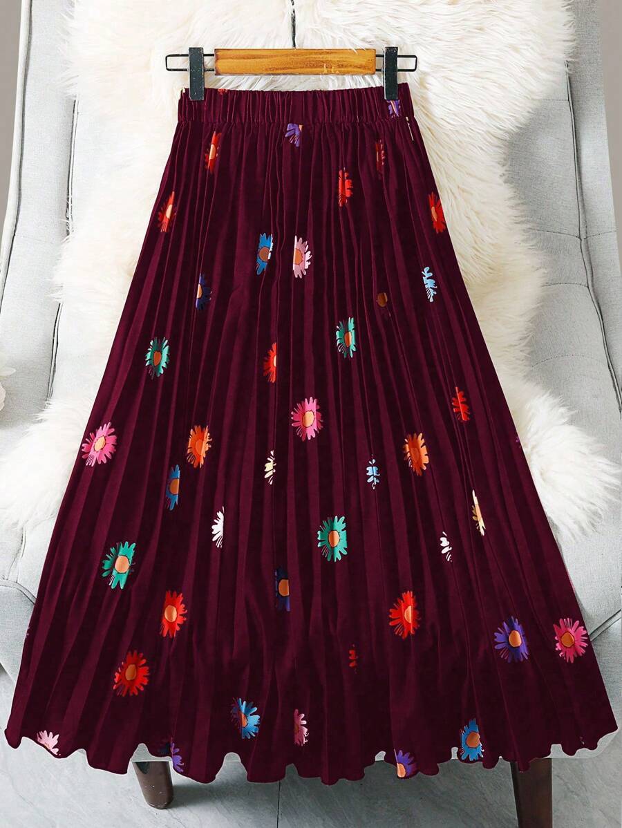 SHEIN LUNE Chân váy xếp ly in hoa toàn thân cỡ lớn, thường ngày ngày lễ - Màu Đỏ Sâu - Xem 1