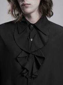 ROMWE MEN Goth 1 Áo sơ mi nam tay dài cài nút phía trước màu trơn, mùa thu - màu đen - Xem 2