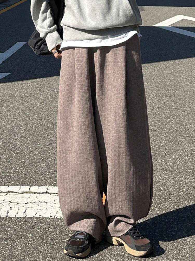 Men's Solid Color Pocketed Wide Leg Loose Fleece Pants For Autumn Men Joggers