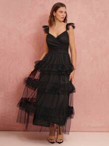 Enchnt Romantic Fall  Elegant Black Ruffle Hem Long Mesh Dress, Date Night Princess Dress For Party,Cocktail And Prom - Black - View 5