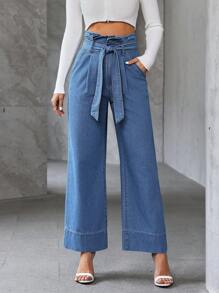 SHEIN Essnce Women Plain High Waist Tie-Up Straight-Leg Jeans