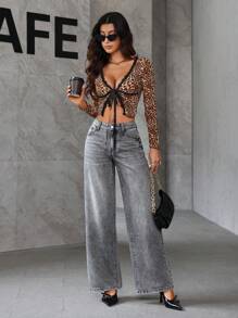 SHEIN Essnce Women Denim Jeans With Pentagram And Leopard Print - Grey - View 3