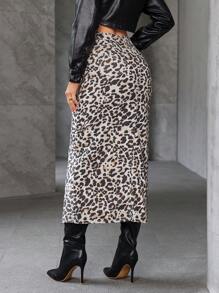 SHEIN Essnce Women Leopard Print Slit Skirt, Casual Vacation - Multicolor - View 2