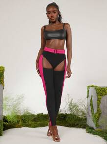 evoluSHEIN X Anitta Spagnelli Designer Color-Blocked Hollow Out Buckle Leggings, Holiday, Thanksgiving, Festival - Black - View 3