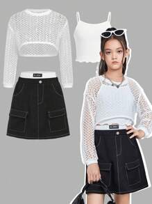 3pcs Tween Girls' Loose Casual Short Hollow Out Long Sleeve Top, Cami Top & Skirt Outfit With Fashionable Cargo Feel