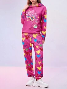 SHEIN X Care Bears Designer Cartoon Bear Heart Printed Drop Shoulder Drawstring Hoodie Sweatshirt And Sweatpants Set, Holiday, Thanksgiving, Festival